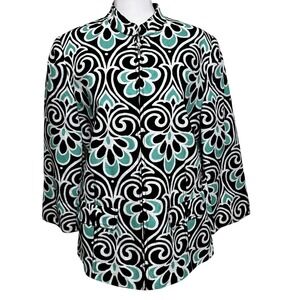 Samantha Grey Womens 10 Damask Print Zip Front Jacket Teal Black White Mandarin